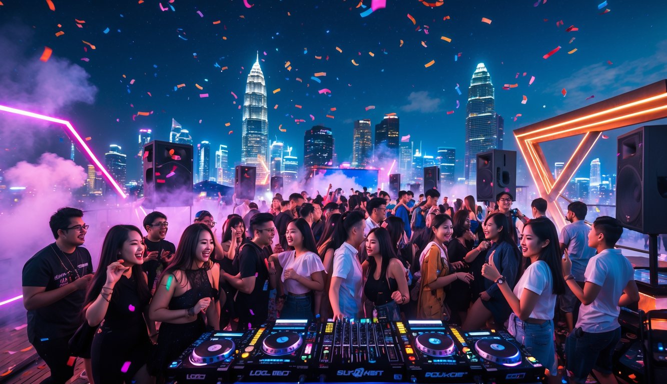 Kerumunan orang muda sedang merayakan pesta malam dengan lampu warna-warni dan pemandangan kota di latar belakang.