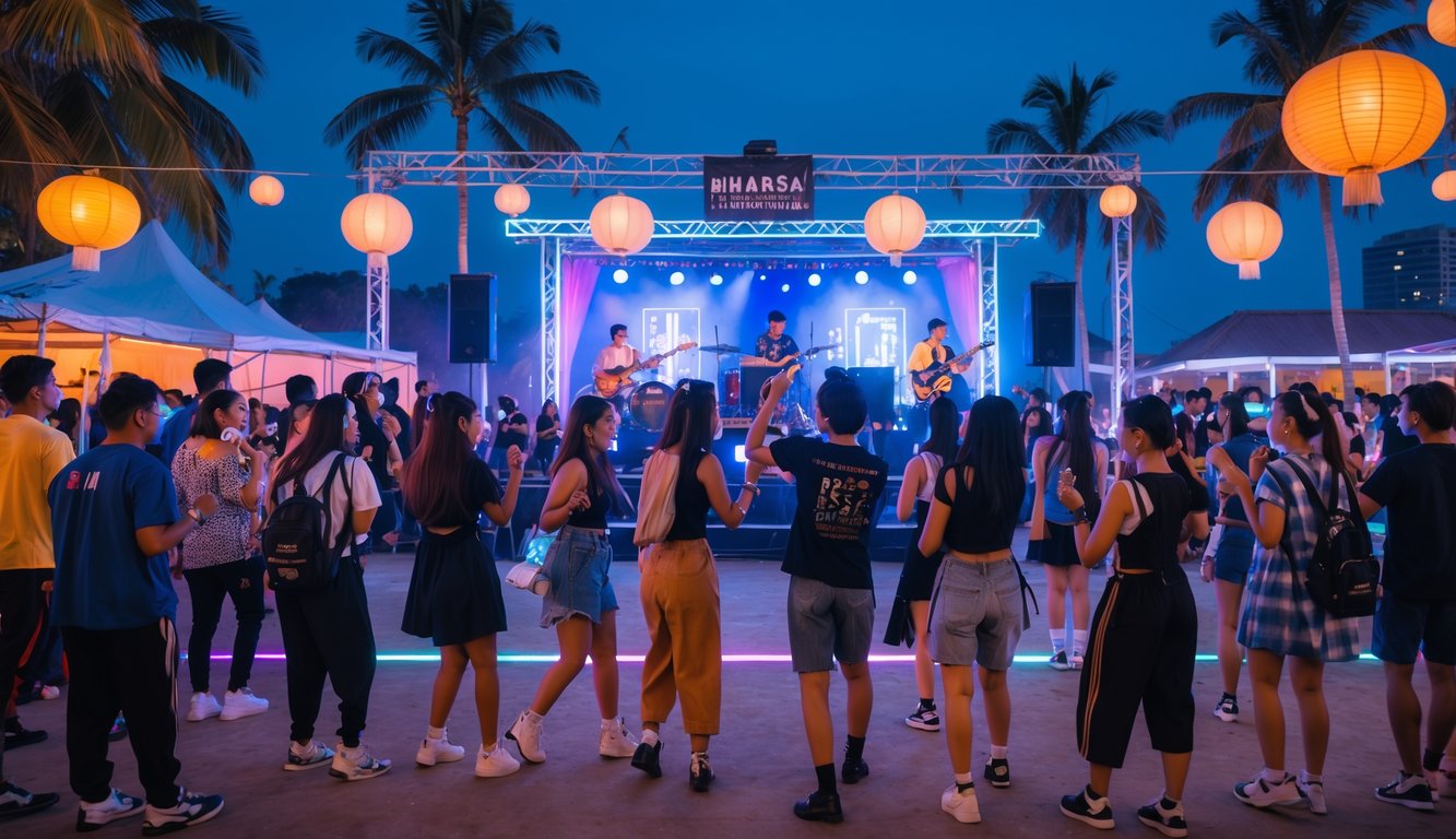Sekelompok anak muda sedang menikmati pesta malam di luar ruangan dengan lampu warna-warni dan musik live di latar belakang.