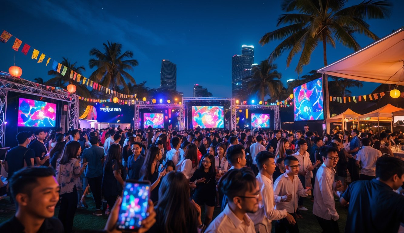 Kerumunan orang muda yang sedang menikmati pesta malam di luar ruangan dengan lampu warna-warni dan dekorasi tradisional Indonesia.
