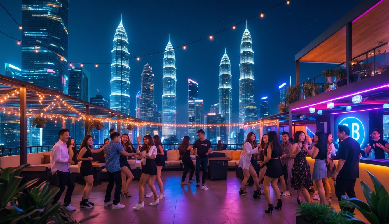 Sekelompok orang muda sedang menikmati pesta malam di atap gedung dengan pemandangan kota besar Indonesia yang terang benderang.
