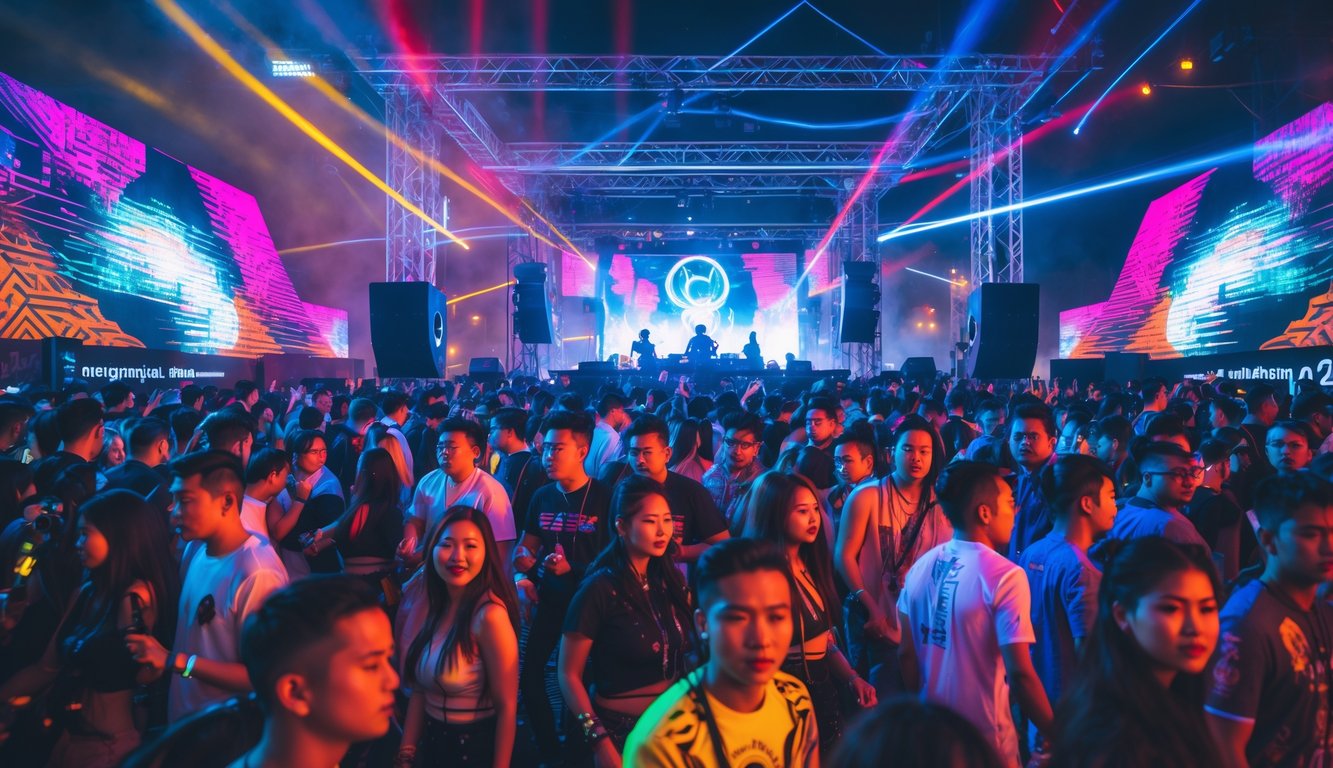 Kerumunan orang muda menari dan menikmati pesta malam dengan DJ internasional di panggung yang diterangi lampu warna-warni di luar ruangan di Indonesia.