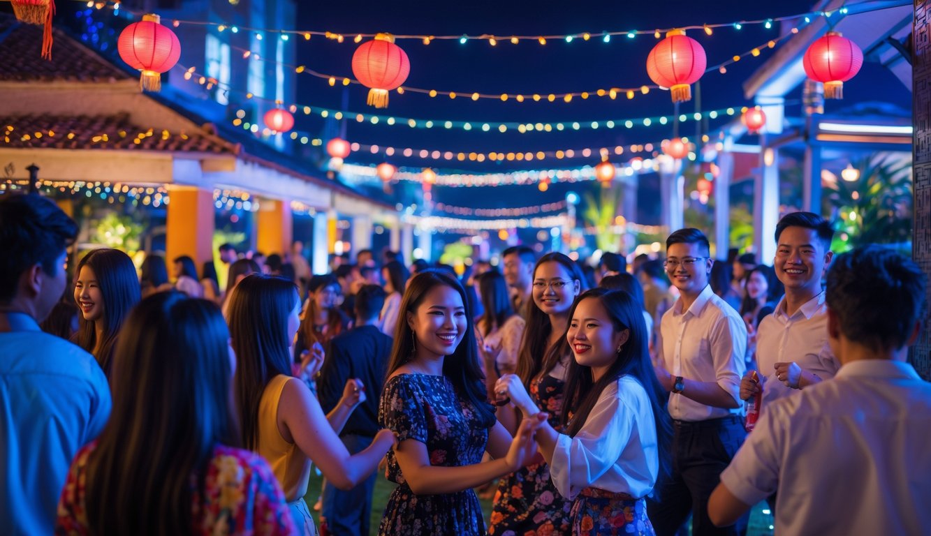 Sekelompok orang muda menikmati pesta malam di luar ruangan dengan lampu warna-warni dan dekorasi tradisional Indonesia.