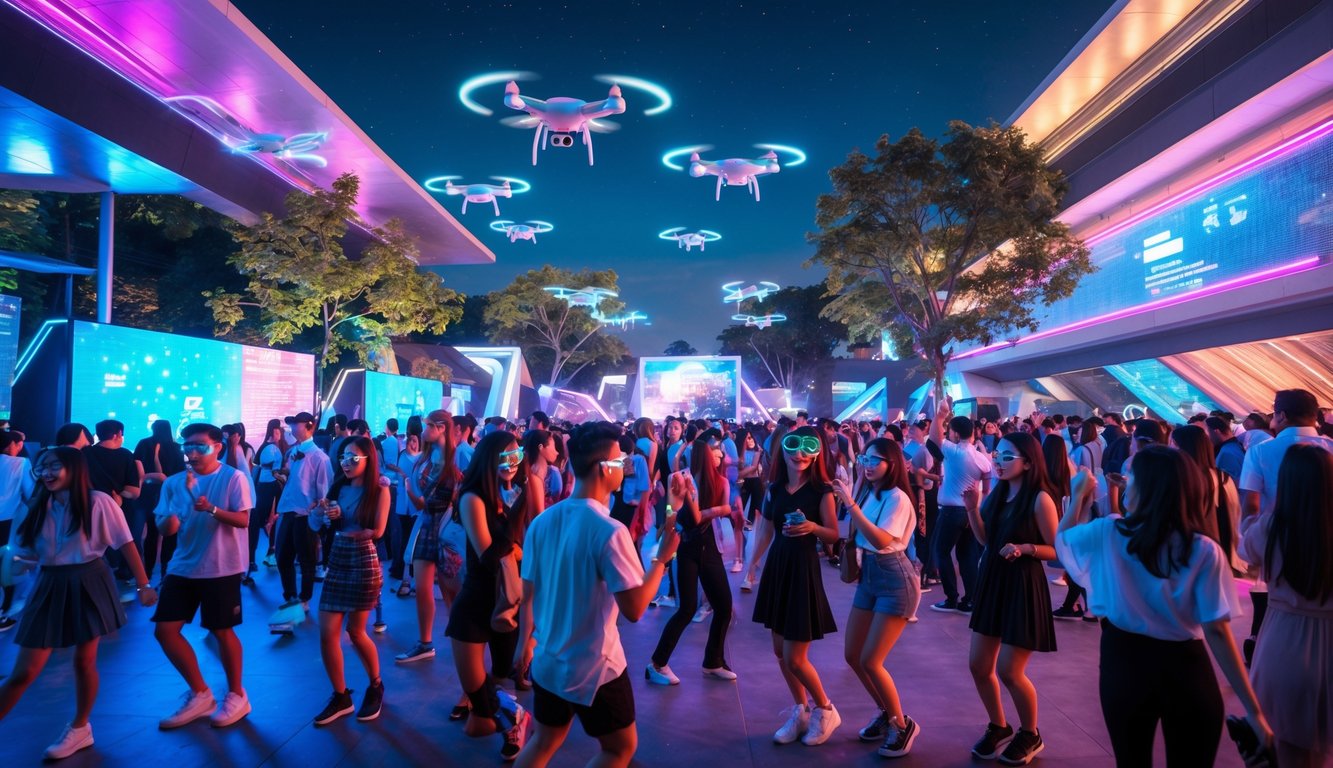 Orang-orang muda merayakan pesta malam di luar ruangan dengan lampu warna-warni dan teknologi canggih di latar belakang.