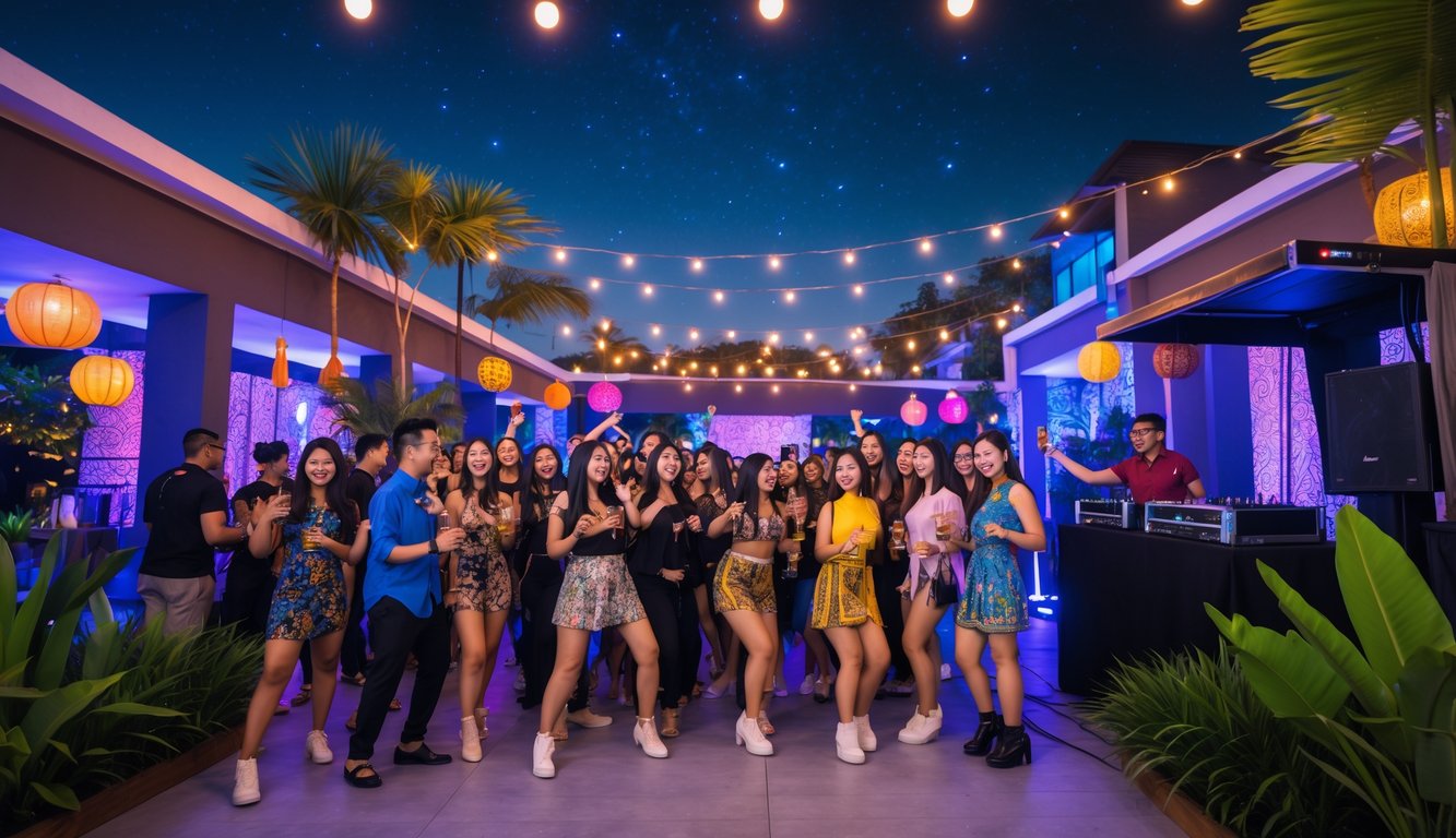 Sekelompok orang muda merayakan pesta malam di luar ruangan dengan dekorasi lampu berwarna dan elemen tradisional Indonesia.