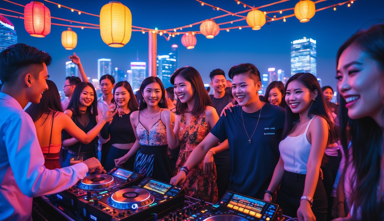 Sekelompok orang muda sedang menari dan menikmati pesta malam di atap gedung dengan lampu warna-warni dan latar kota yang bercahaya.