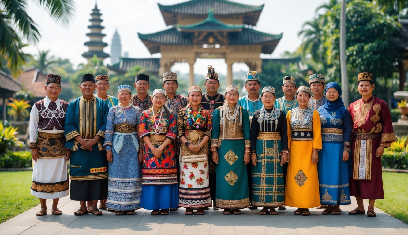 Sekelompok orang Indonesia dari berbagai suku dengan pakaian tradisional berdiri bersama di luar ruangan, menunjukkan keberagaman budaya dari Sabang sampai Merauke.