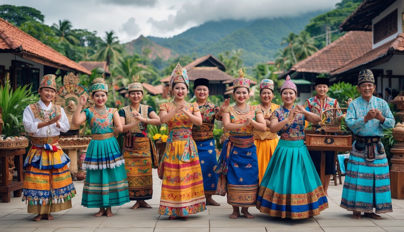 Sekelompok orang Indonesia dari berbagai suku mengenakan pakaian adat tradisional sedang melakukan aktivitas budaya seperti menari dan bermain alat musik tradisional di latar belakang rumah adat dan pemandangan tropis.
