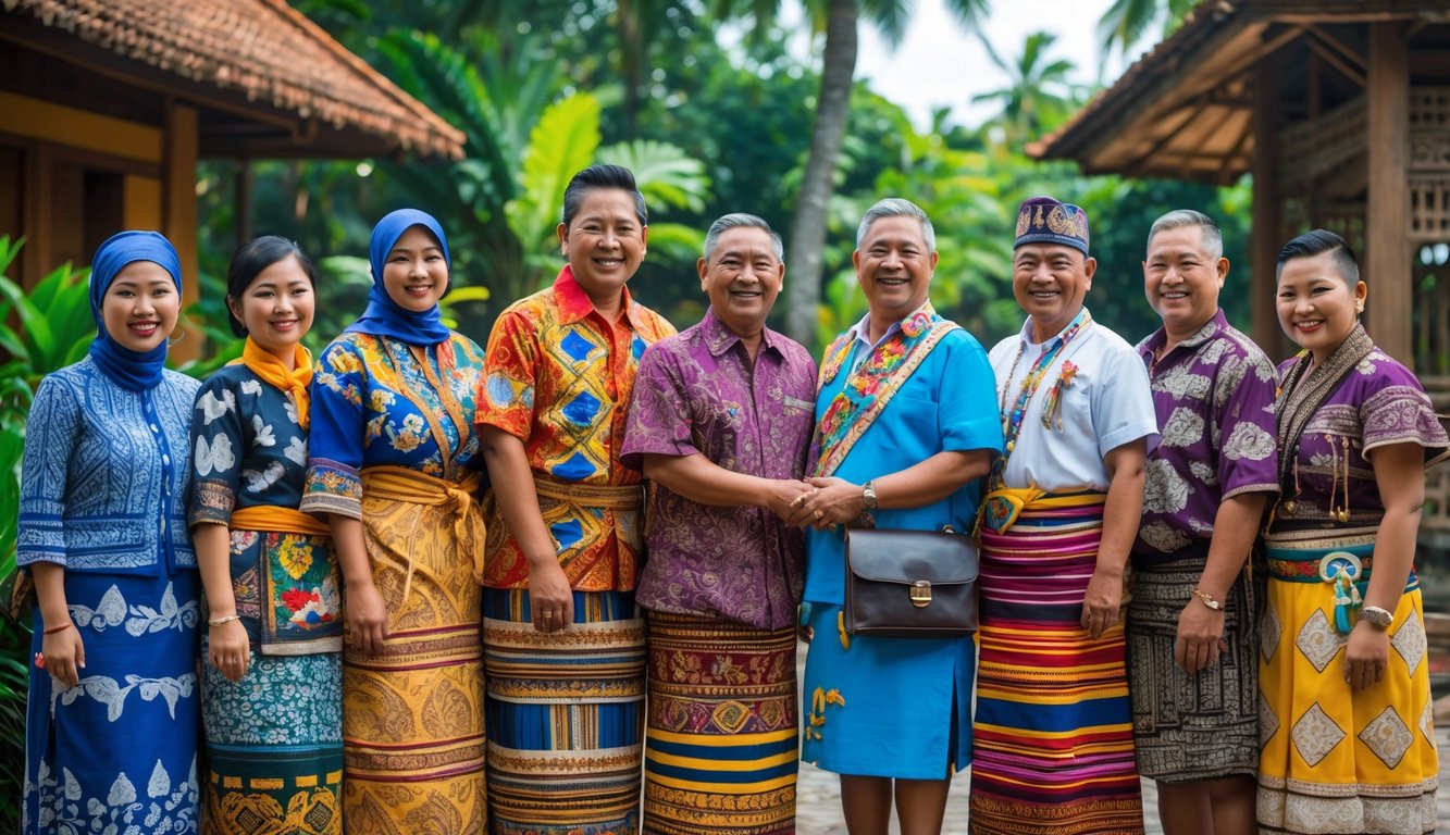 Sekelompok orang Indonesia dari berbagai suku mengenakan pakaian tradisional berdiri bersama di luar ruangan dengan latar belakang alam tropis dan bangunan tradisional.