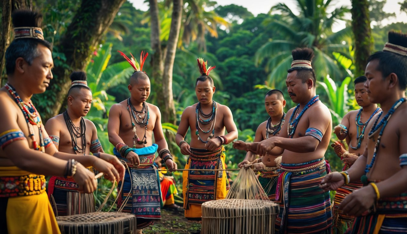 Sekelompok orang Indonesia dari berbagai suku mengenakan pakaian tradisional sedang berkumpul di hutan tropis sambil melakukan aktivitas budaya.