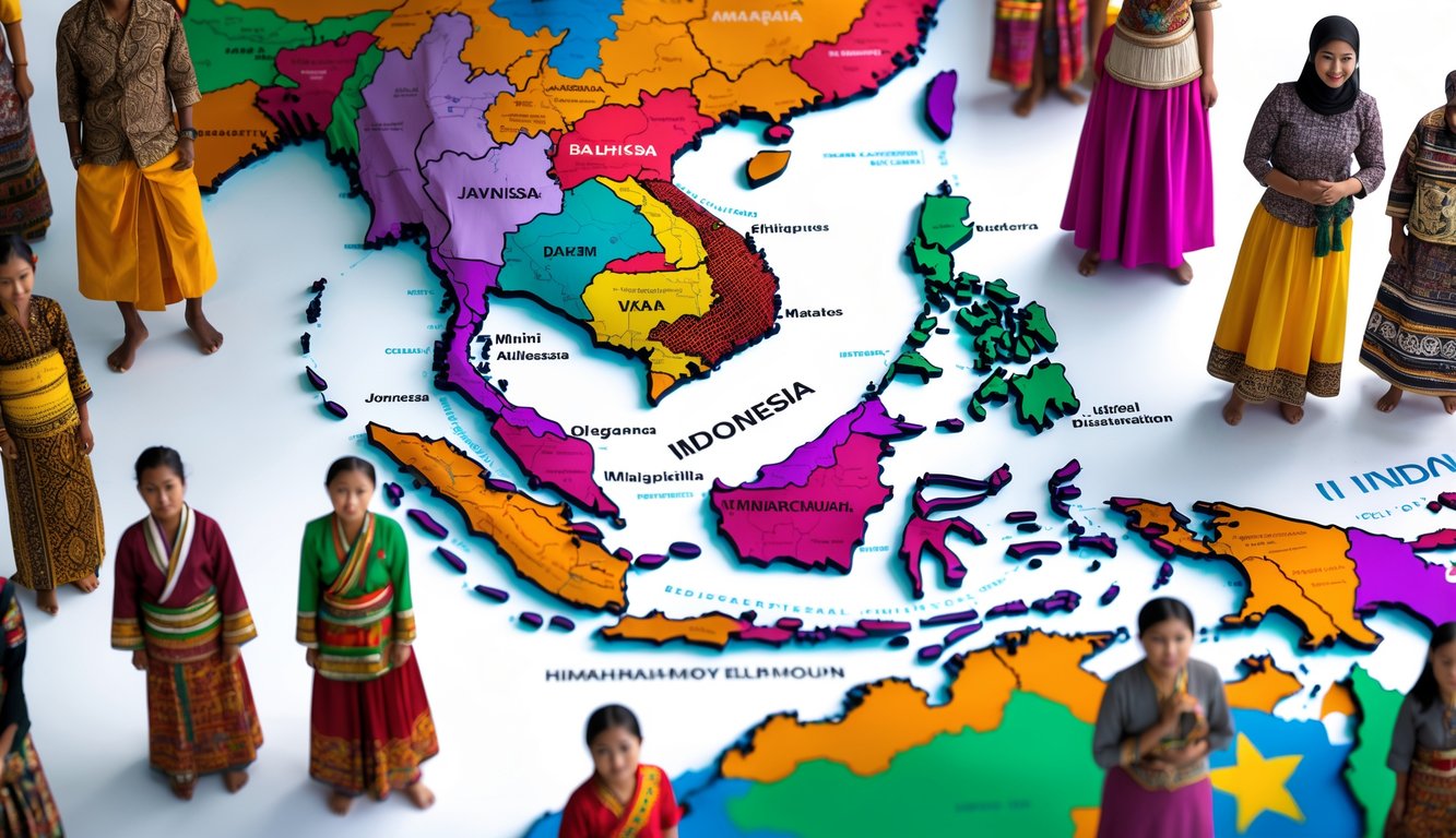 Peta Indonesia dengan orang-orang dari berbagai suku bangsa mengenakan pakaian tradisional yang berbeda sesuai daerah asal mereka.