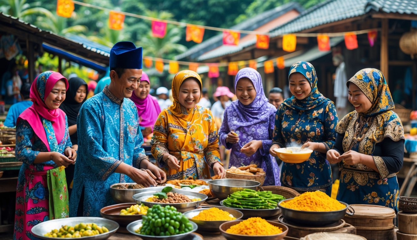 Sekelompok orang Indonesia mengenakan pakaian tradisional dari berbagai suku sedang beraktivitas di pasar atau desa yang ramai.