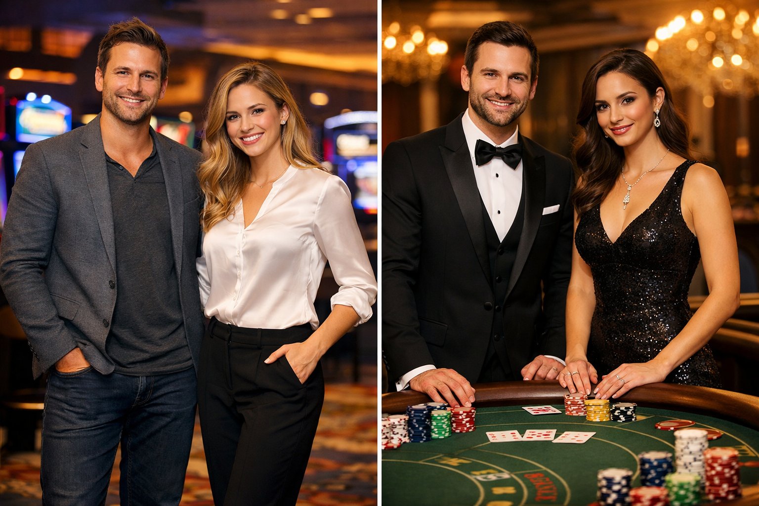 Two pairs of people in a casino setting; one pair dressed in smart casual clothing near slot machines, and the other pair in formal attire standing by a casino table with chips and cards.
