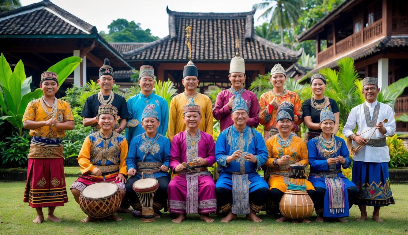 Sekelompok orang Indonesia mengenakan pakaian tradisional dari berbagai suku terkenal sedang berkumpul di luar ruangan dengan latar belakang arsitektur tradisional dan pepohonan.