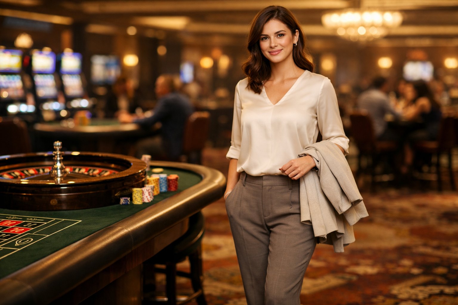 A young woman dressed comfortably stands near a roulette table inside a casino with slot machines and poker tables in the background.