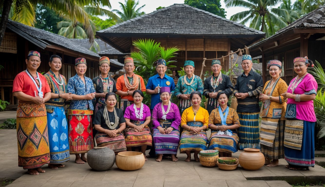 Sekelompok orang Indonesia mengenakan pakaian adat dari berbagai suku sedang melakukan kegiatan budaya di luar ruangan dengan latar pohon tropis dan rumah tradisional.