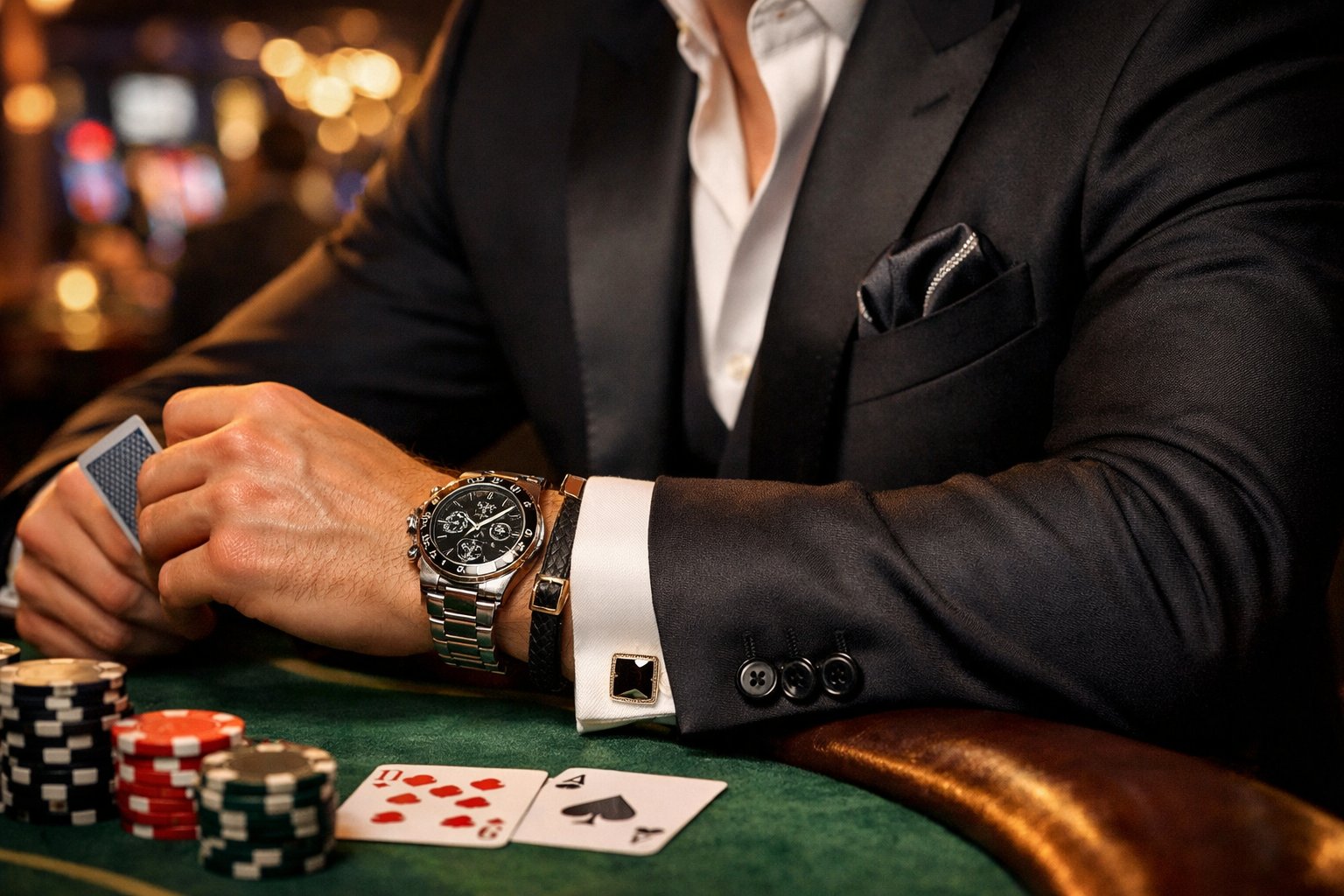 A person dressed elegantly at a casino table wearing stylish accessories like a watch, cufflinks, and a bracelet, with poker chips and cards in front.