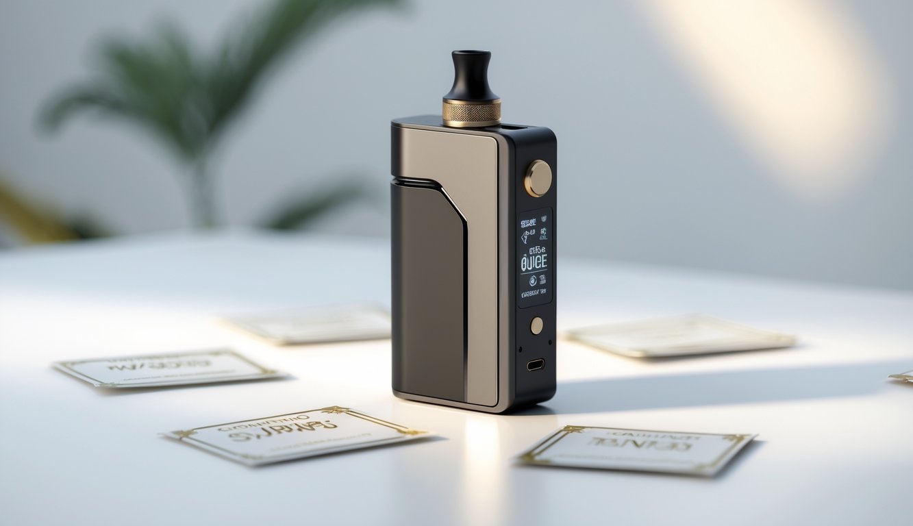 Sebuah perangkat vape mod modern berwarna hitam dan metalik diletakkan di atas permukaan putih dengan pencahayaan alami yang lembut.