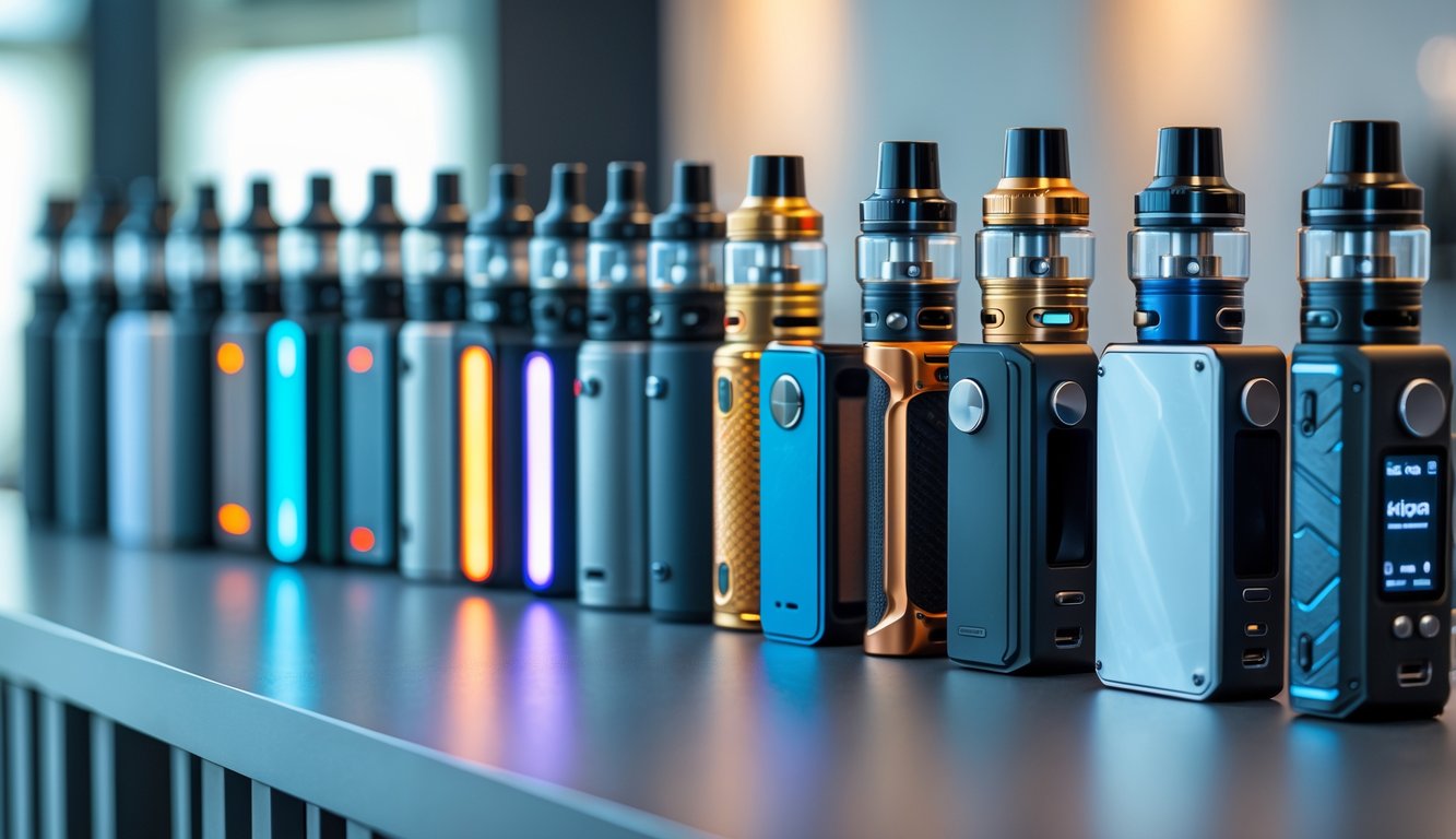 Deretan mod vape terbaru dan paling laris ditata rapi di atas meja di dalam toko vape modern.