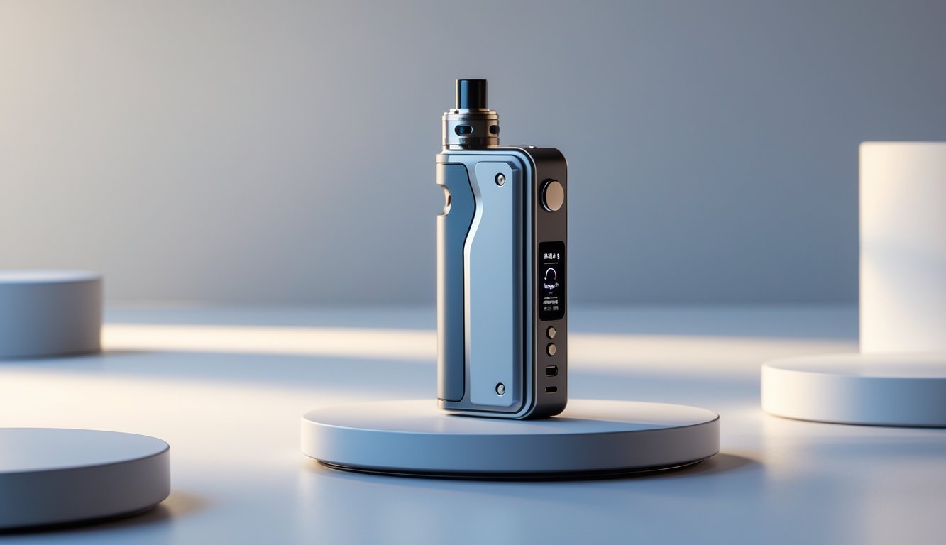 Sebuah perangkat vape mod modern berdesain ramping diletakkan di atas permukaan bersih dengan pencahayaan lembut.