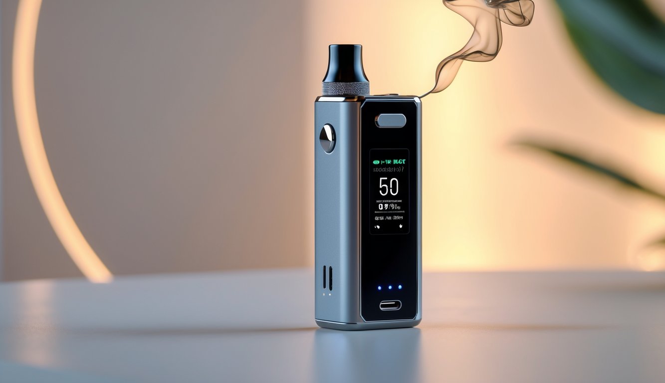 Sebuah perangkat vape mod modern yang ramping diletakkan di atas permukaan bersih dengan latar belakang buram.