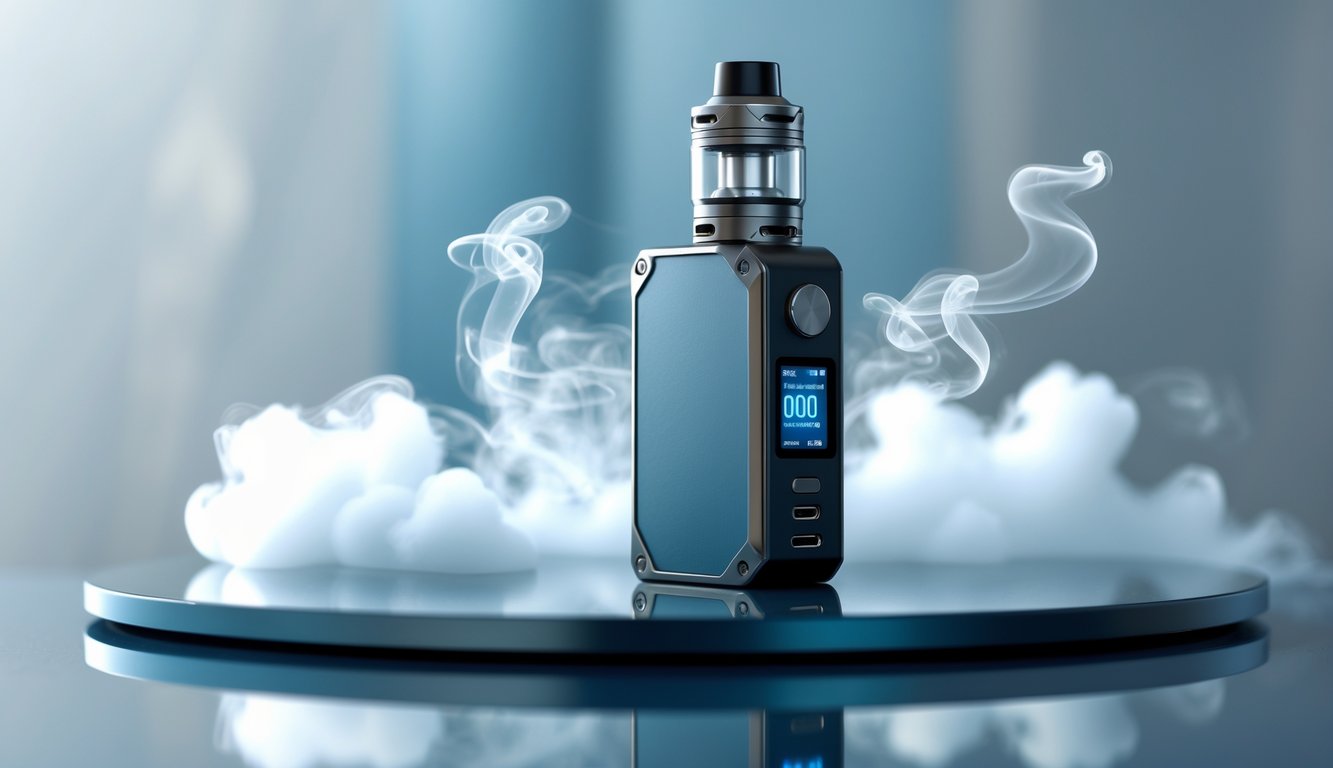 Sebuah perangkat vape modern dan kecil diletakkan di atas permukaan reflektif dengan uap yang mengepul di sekitarnya.