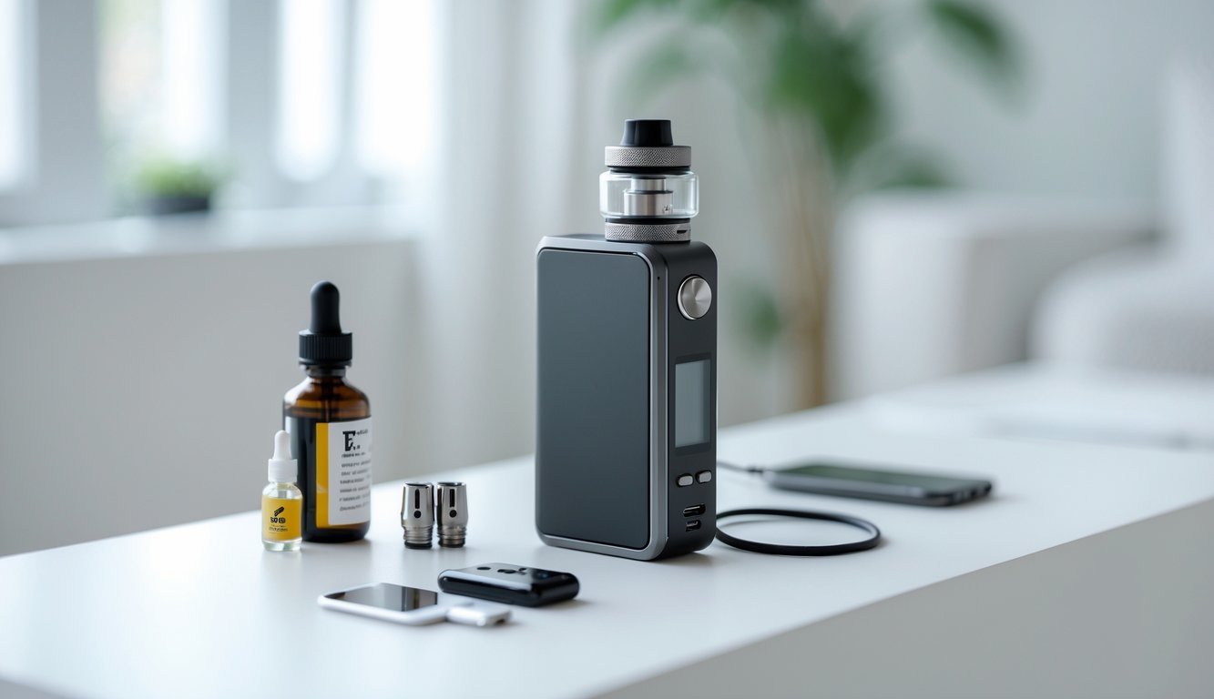 Sebuah perangkat vape mod modern berwarna hitam diletakkan di atas permukaan putih dengan aksesori vape di sekitarnya dalam ruangan yang terang dan nyaman.