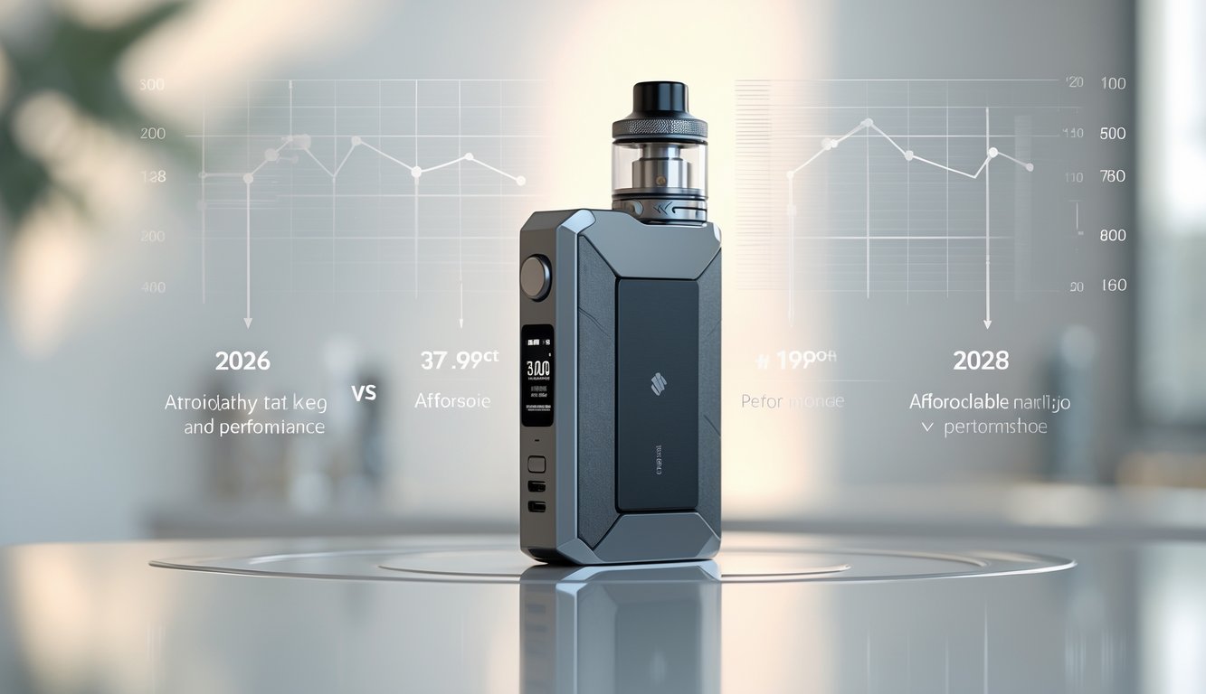 Sebuah perangkat vape mod modern diletakkan di atas permukaan bersih dengan latar belakang grafik dan indikator performa yang samar.