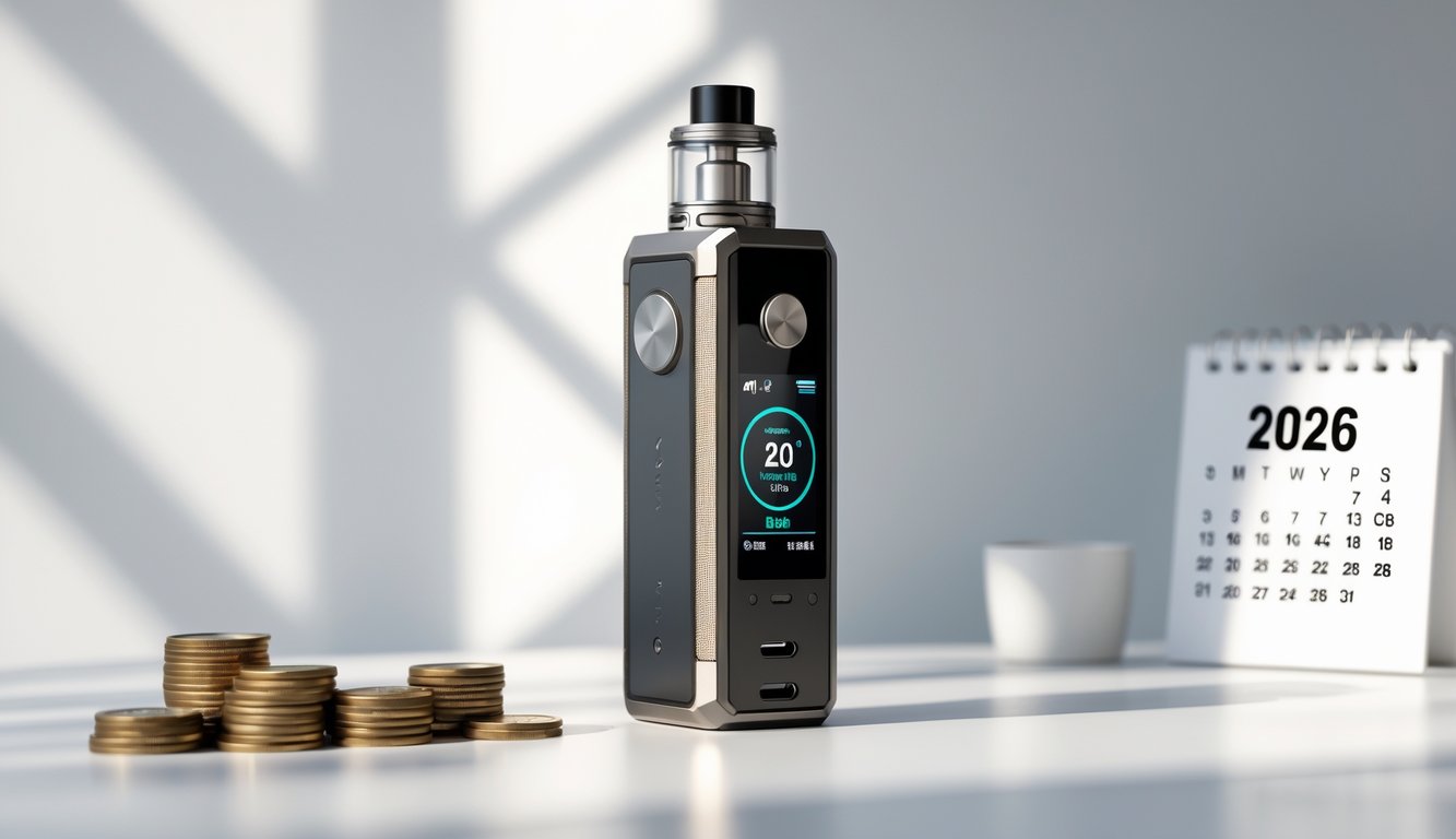 Sebuah perangkat vape mod modern ditempatkan di atas permukaan bersih dengan koin dan kalender kecil di latar belakang.