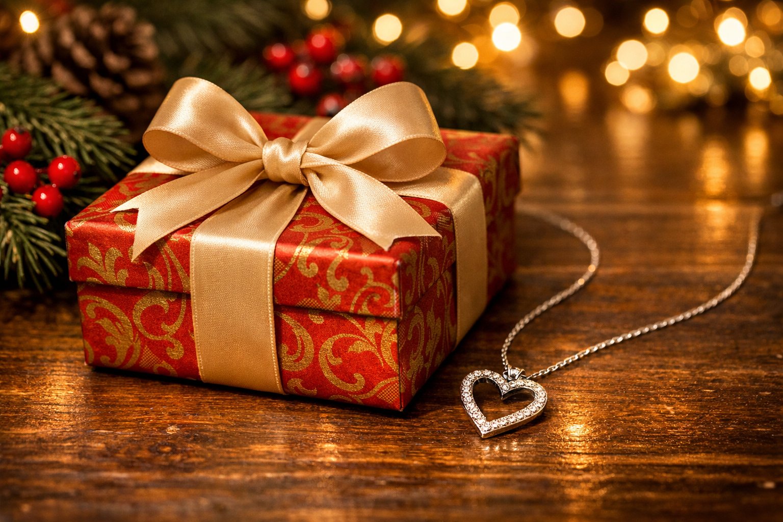 A wrapped Christmas gift box next to a silver heart-shaped necklace on a wooden table with holiday decorations in the background.