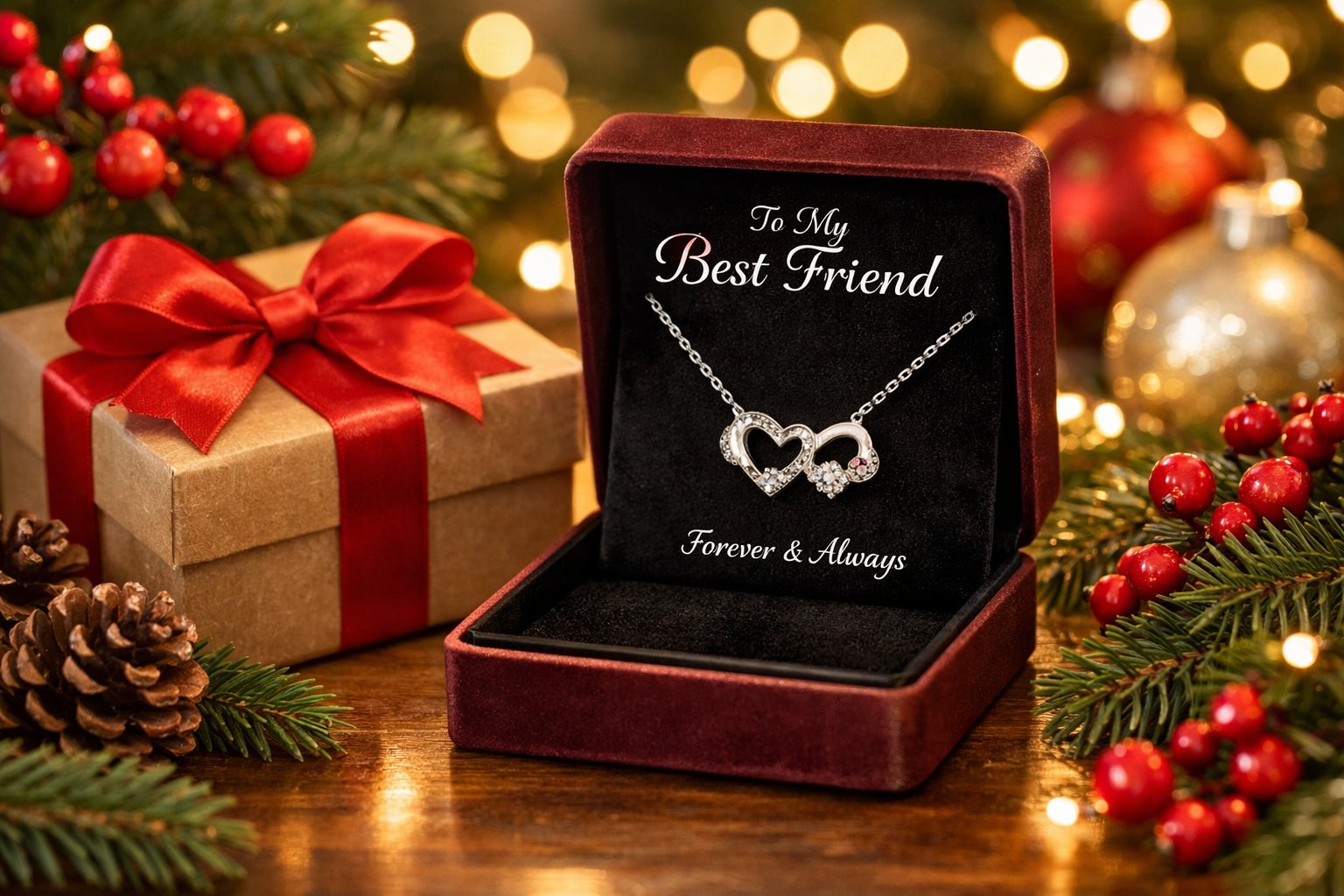 An open jewelry box with a sparkling necklace inside, surrounded by Christmas decorations and warm holiday lighting.