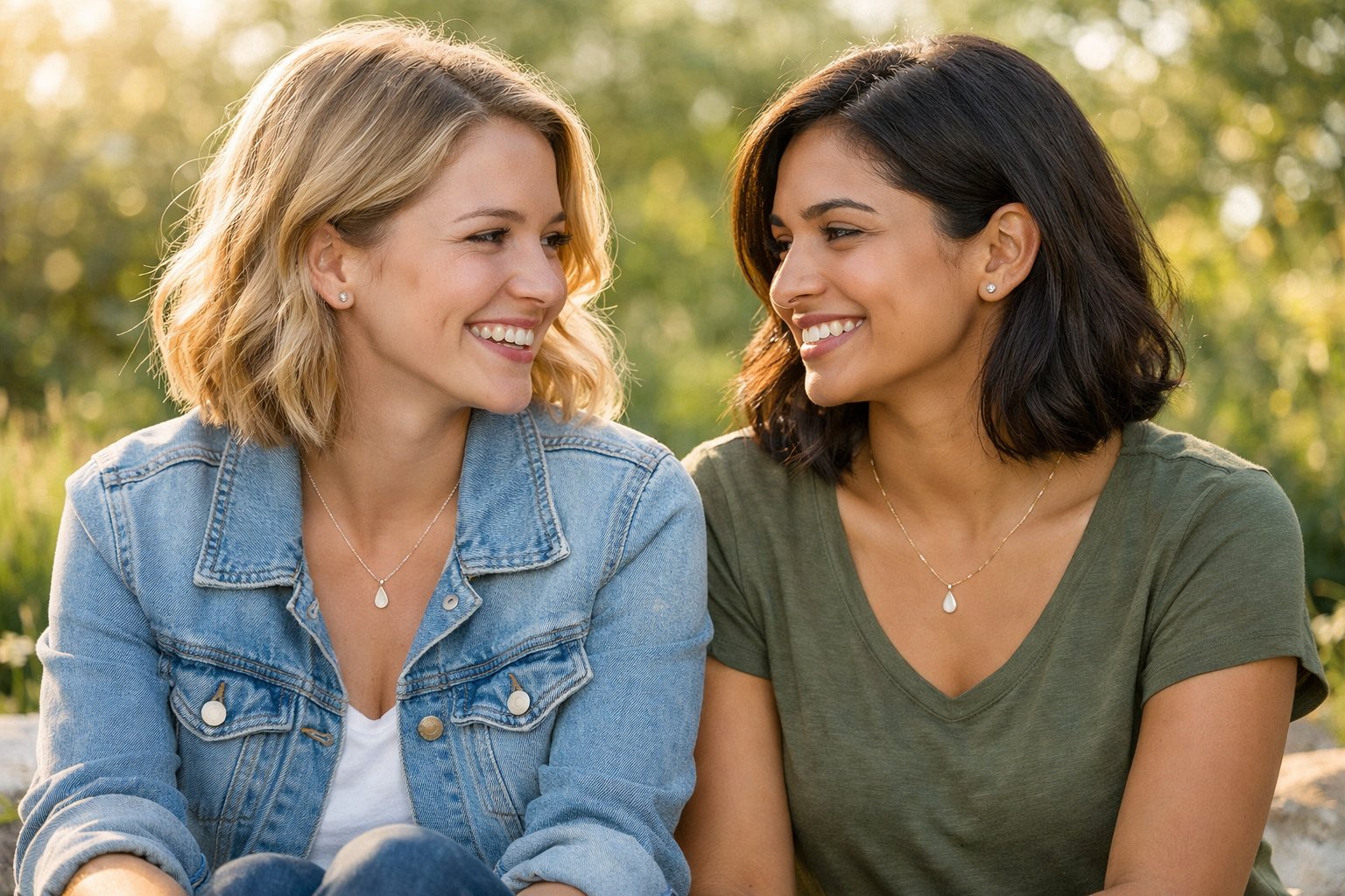 Two young women wearing matching friendship necklaces smiling at each other outdoors with greenery in the background.
