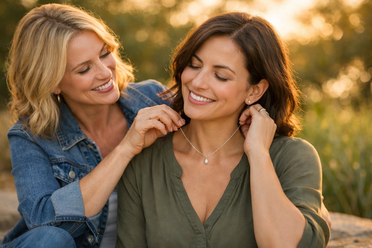 Two women outdoors sharing a moment as one gives the other a necklace, smiling warmly and enjoying each other's company.
