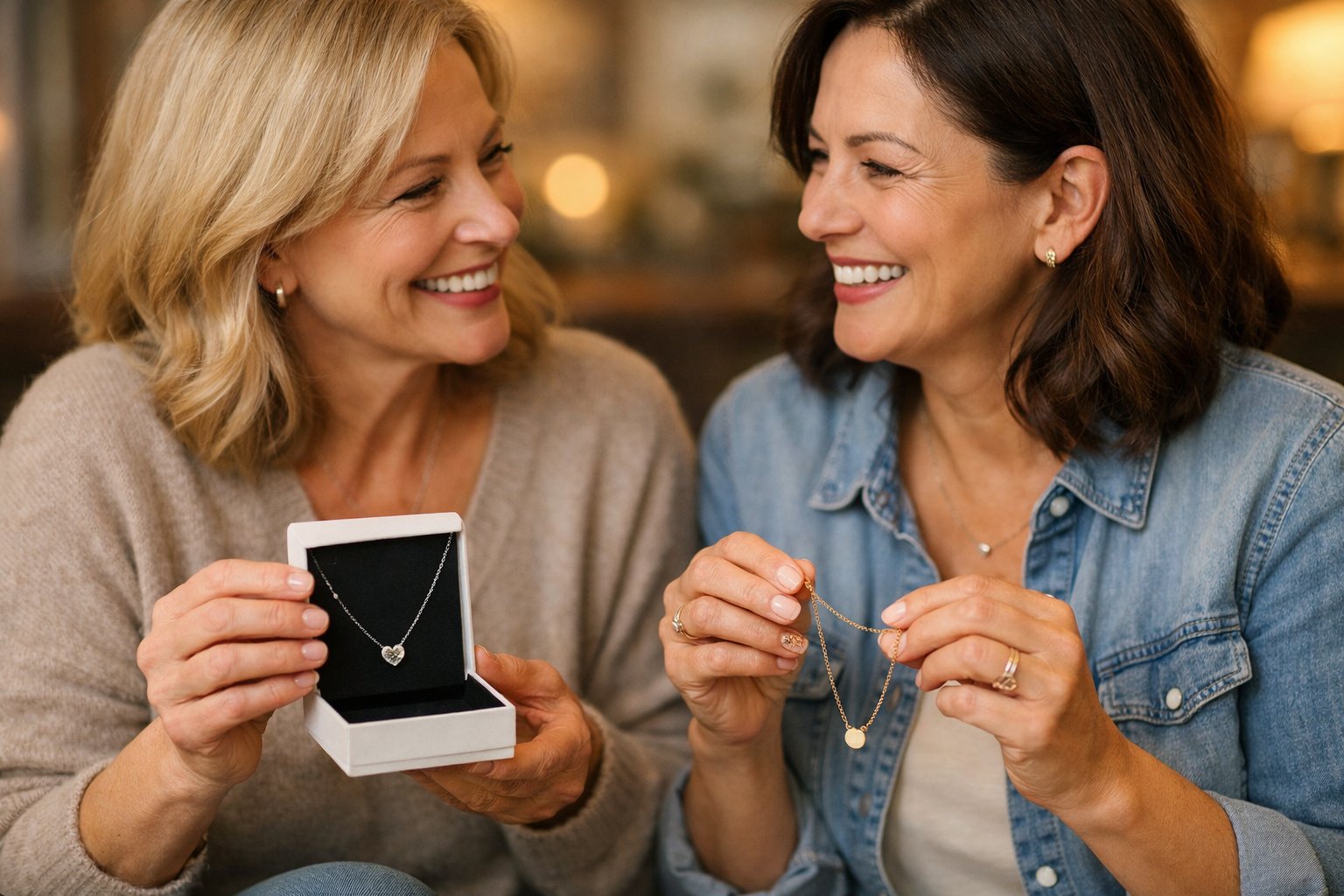 Two women smiling and exchanging necklaces, celebrating their long-term friendship in a warm, cozy setting.