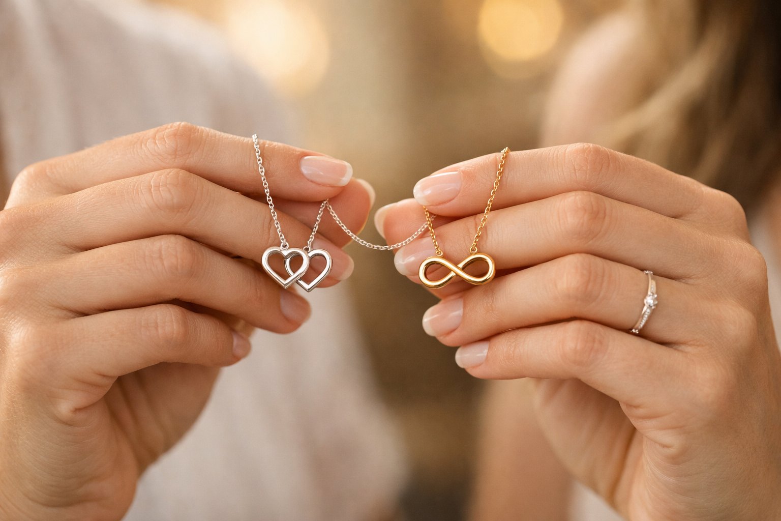 Two women’s hands holding matching friendship necklaces with heart-shaped pendants.