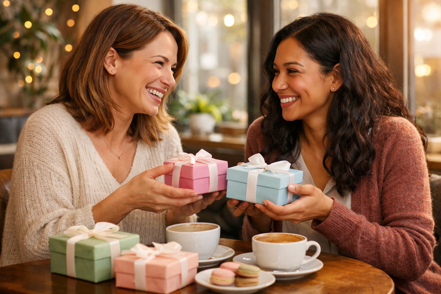 Two friends exchanging gifts and smiling warmly at a café table decorated for a friendship anniversary celebration.
