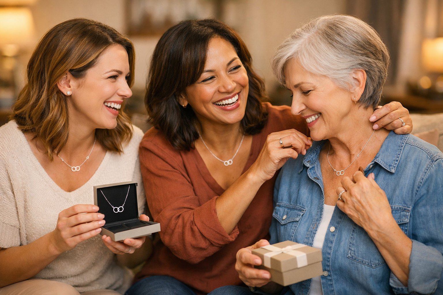 Three women of different ages happily exchanging friendship necklaces in a cozy indoor setting.