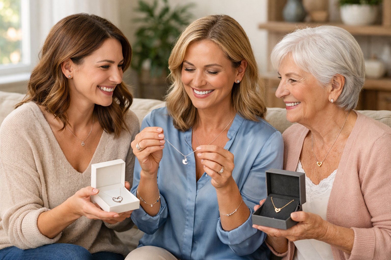 Three women of different ages sitting together, smiling and exchanging friendship necklaces in a cozy living room.