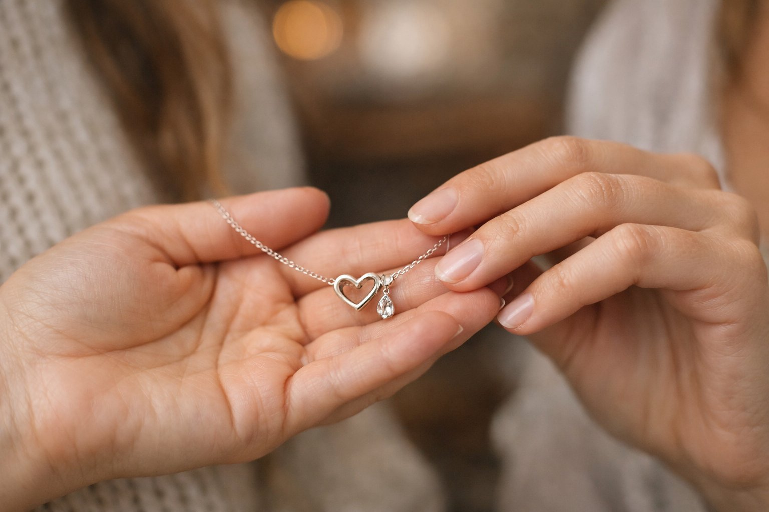 Two women’s hands gently holding a delicate friendship necklace together, symbolizing a heartfelt bond.