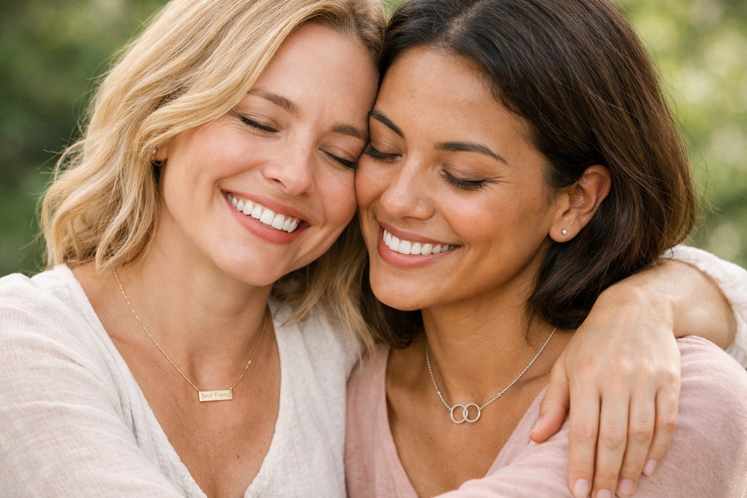 Two women warmly hugging outdoors, both wearing delicate message card necklaces.