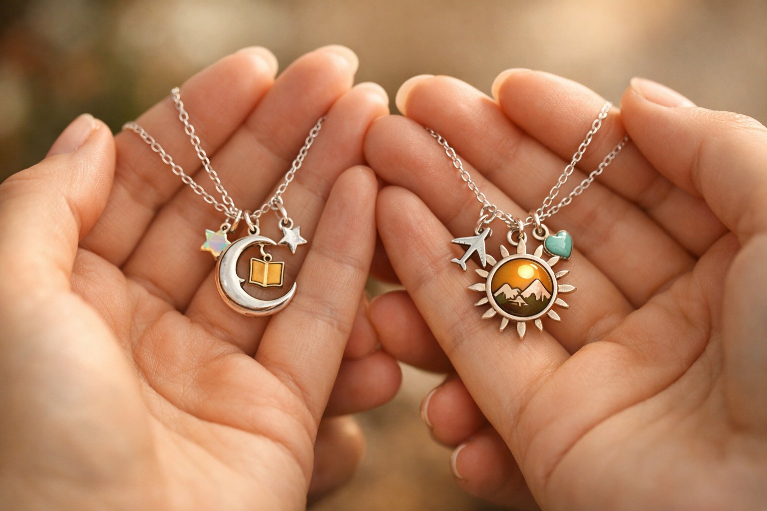 Two hands holding matching friendship necklaces with unique pendants, symbolizing a meaningful connection.