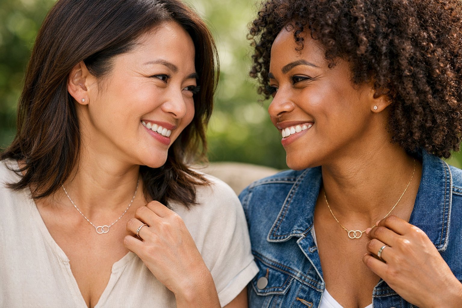 Two women outdoors smiling at each other, each wearing a friendship necklace.