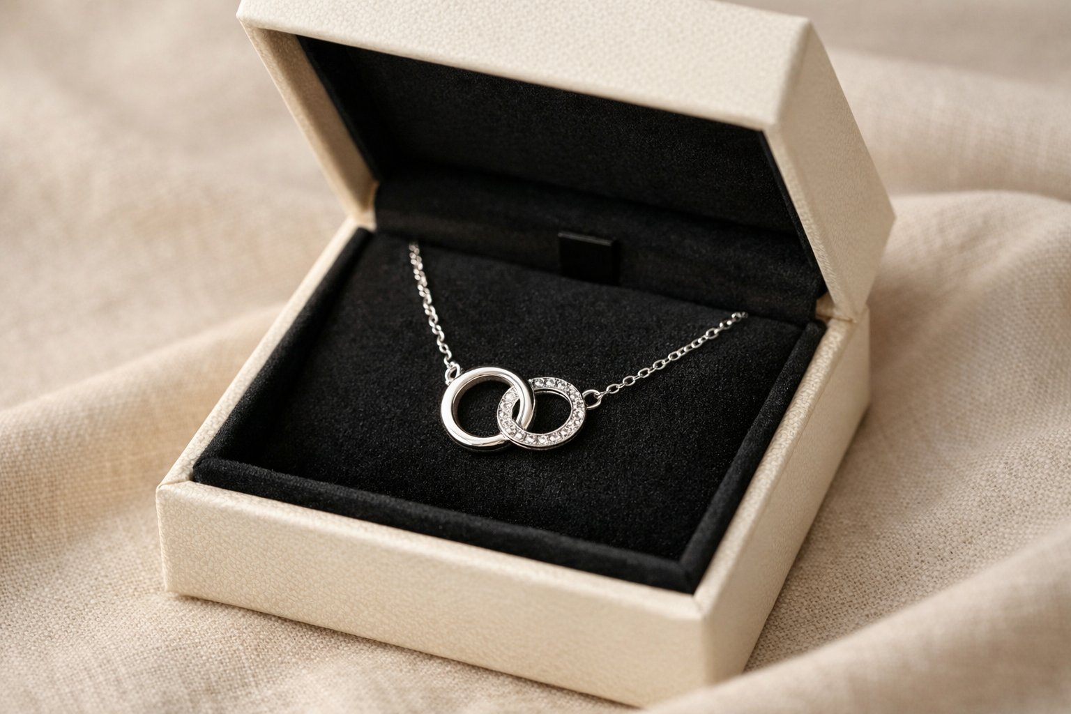 A small open jewelry box containing a delicate friendship necklace with two interlocking pendants on a soft fabric background.