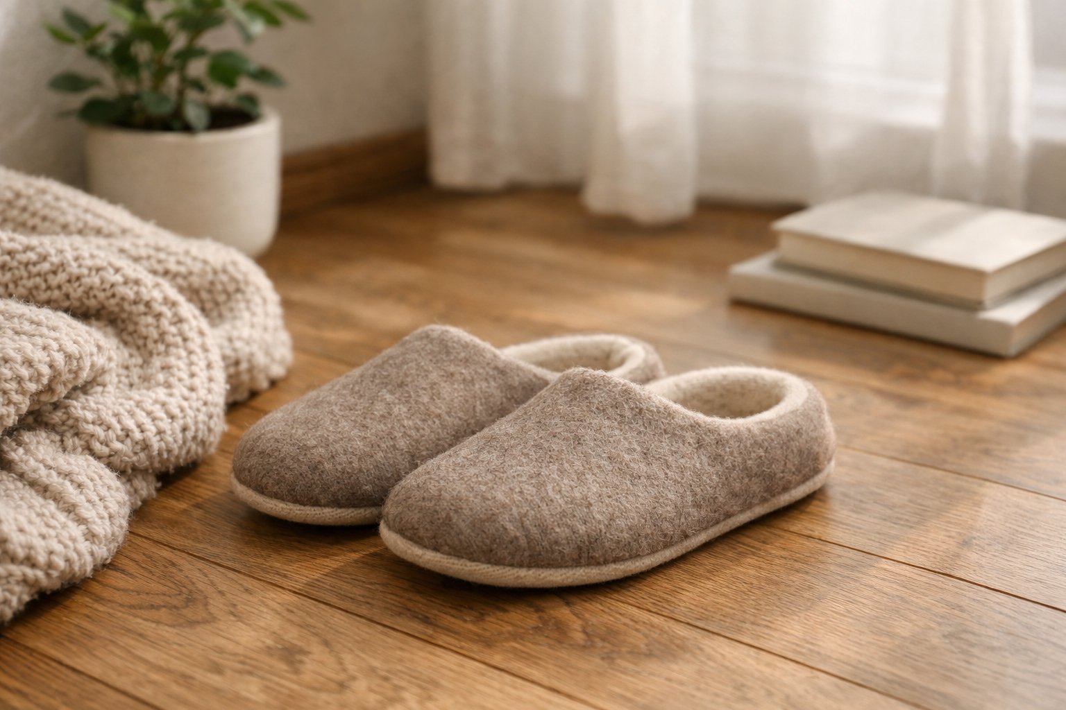 Pigiausios vilnonės šlepetės: pasirinkimas, savybės ir patarimai 10 Pora vilnonių šlepečių ant medinių grindų šalia megztos antklodės šiltame kambaryje.