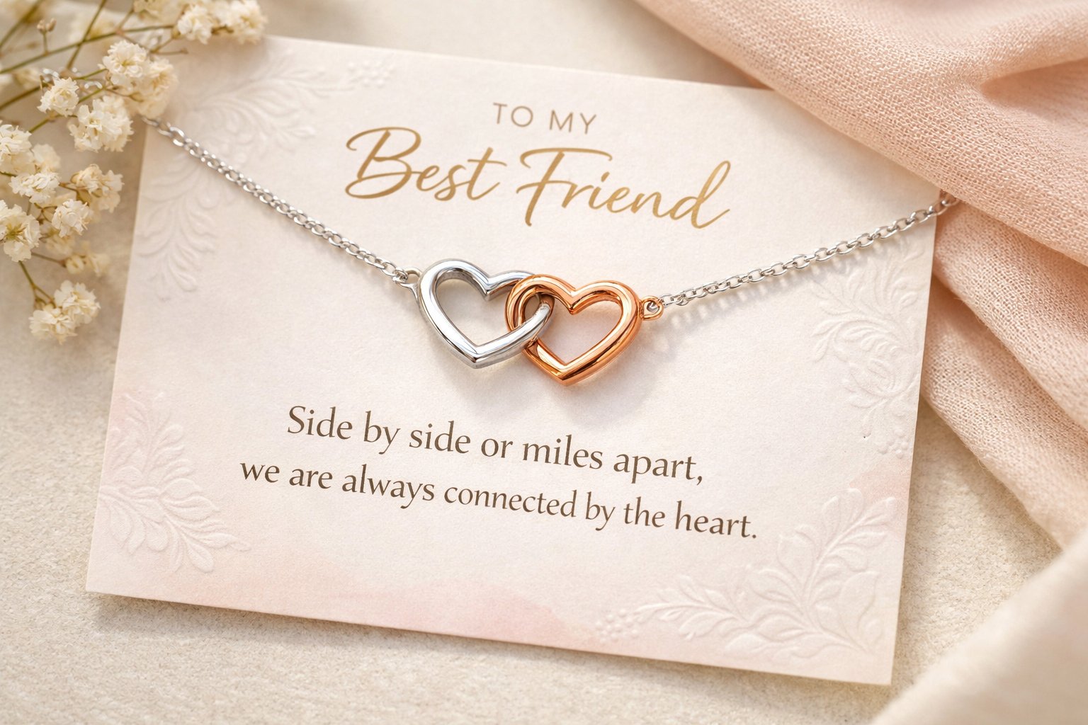 A best friend necklace with two heart pendants resting on a pastel-colored message card, surrounded by dried flowers on a neutral background.