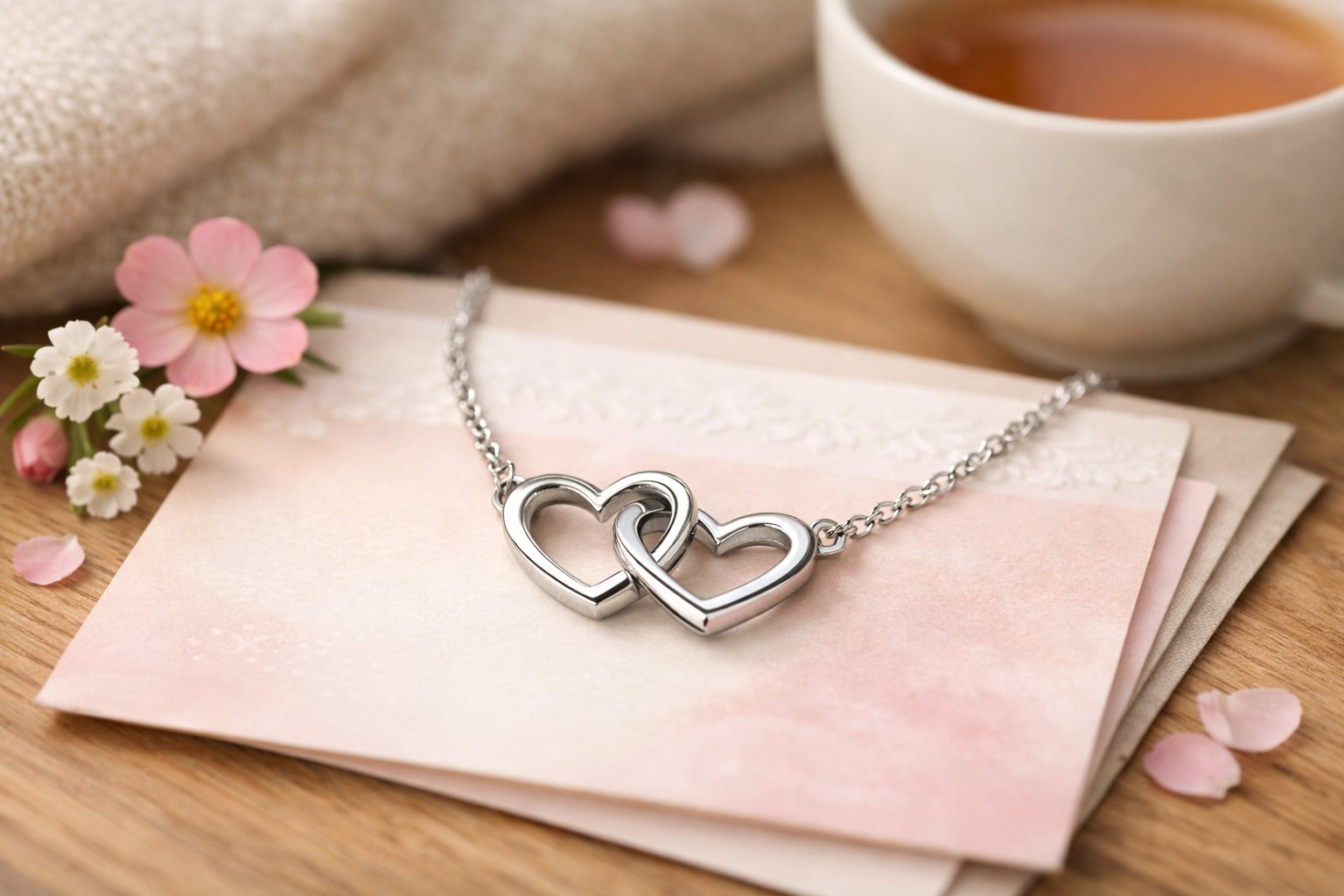 Close-up of a best friend necklace with two heart pendants resting on a pastel message card on a wooden surface, surrounded by small flowers and a cup of tea.