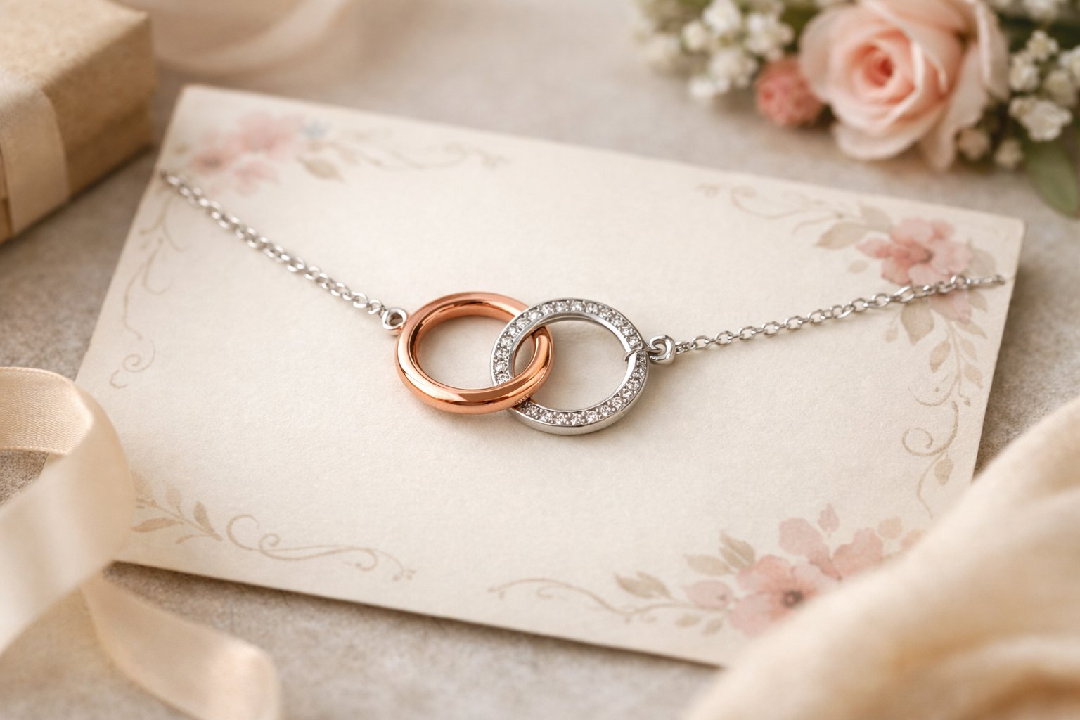 A best friend necklace with two interlocking pendants resting on a decorative message card on a soft background, surrounded by gift wrapping elements.