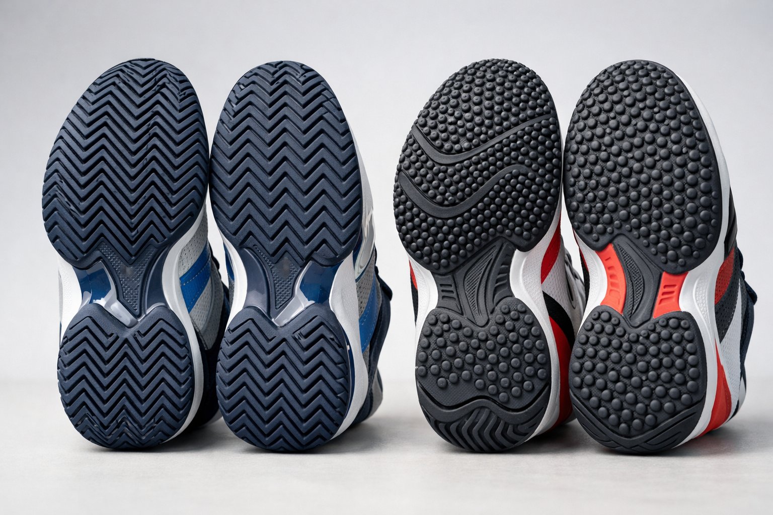 Kuo skiriasi teniso ir padelio batai 3 Du sportiniai batai šalia vienas kito, vieni teniso, kiti padelio, rodantys skirtingas pado struktūras ir medžiagas.