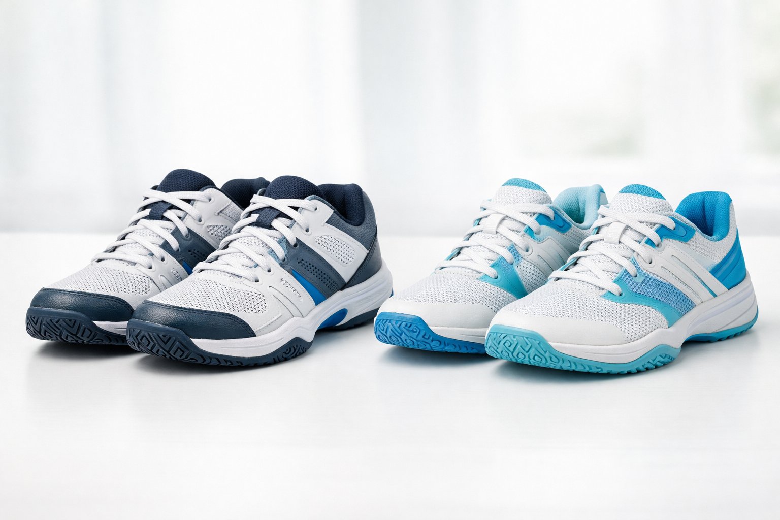 Kuo skiriasi teniso ir padelio batai 4 Dviejų porų sportinių batelių, skirtų tenisui ir padeliui, lyginimas ant baltos paviršiaus.