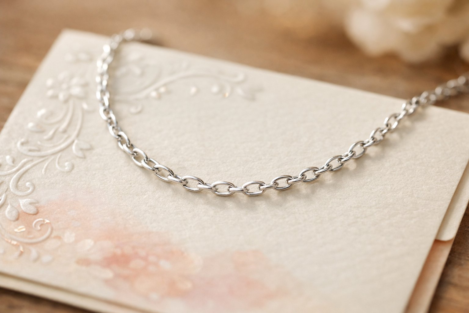 A silver necklace resting on a textured message card with a softly blurred warm background.