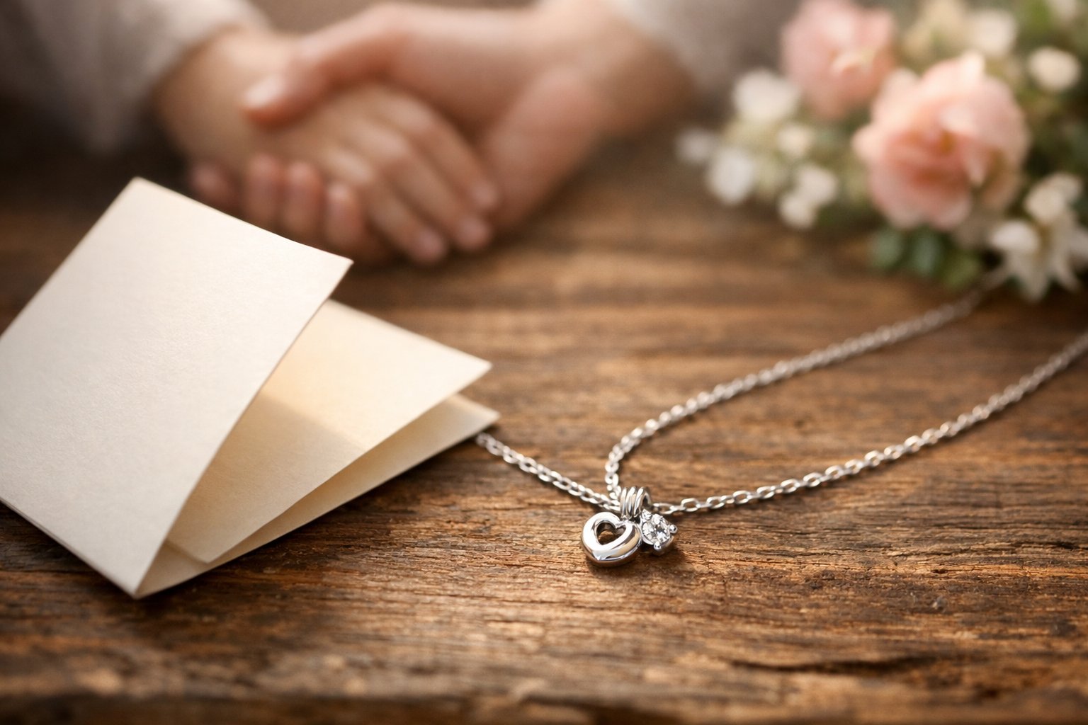 A silver necklace with a small pendant resting beside a folded message card on a wooden surface, with two hands gently holding each other in the background.